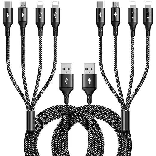 RULUS Multi Charging Cable [2Pack 4Ft] Multiple Charger Cable Braided Multi Charging Cord 4 in 1 Fast Charger Cord with IP/Type C/Micro USB Port for Cell Phones,IP,Samsung,Huawei,LG,Pixel,Tablets,PS