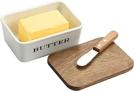 everous Butter Dish - Beautiful Farmhouse Kitchen Decor Butter Container With Wooden Lid and Knife(White)