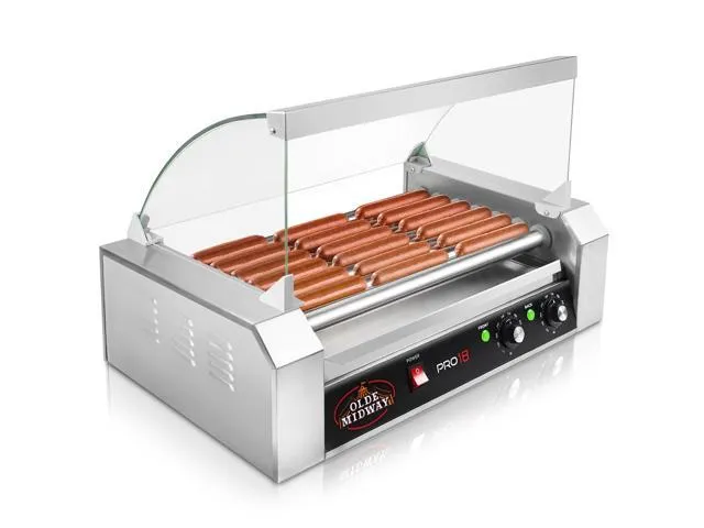 Olde Midway Electric 18 Hot Dog 7 Roller Grill Cooker Machine with Cover 900-Watt - Commercial Grade