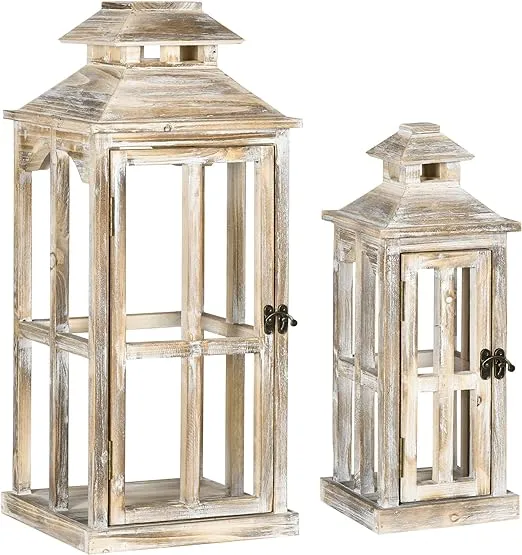 HOMCOM 2 Pack 28"/20" Large Rustic Wooden Lantern Decorative, Indoor/Outdoor Lantern for Home DÃ©cor (No Glass), Natural