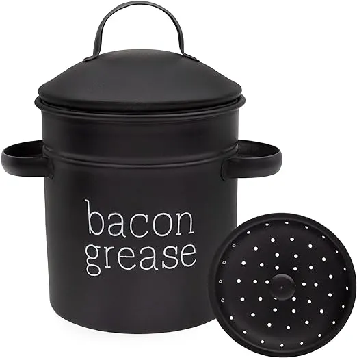 Auldhome Farmhouse Bacon Grease Container (Black), Enamelware Bacon Grease Can with Strainer, Vintage Style, Keto-Friendly