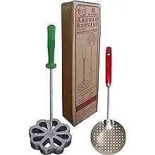 Bunuelera Iron Rossette with free Oil spoon, Molde para hacer bunuelos, Bunuelera with Rustic Plastic handle and Cast Aluminum Spanish Rossette shape, Traditional wind fritters mold Bundle