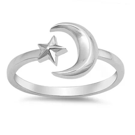 Open Crescent Moon Star Adjustable Ring .925 Sterling Silver Band Jewelry Female Male Unisex Size 4