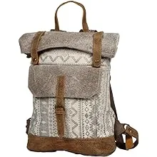 Myra Bag Classy Leather & Upcycled Canvas Backpack S-1237, 13.5" W x 19" H x 4.5" D, Ivory, Brown