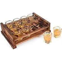 BARGIFTS Farmhouse 12pc Shot Glass Set,Party Server Shot Glasses Set with Rustic Burnt Wood Serving Tray,Crystal Shot Glass for Whiskey, Party & Collection