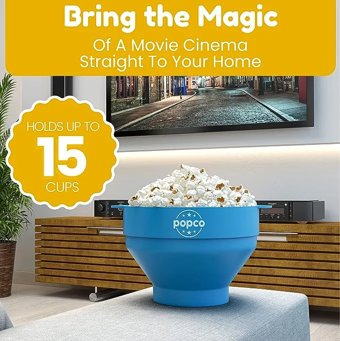 The Original POPCO Microwave Popcorn Popper, Silicone Popcorn Maker, Collapsible Bowl BPA Free & Dishwasher Safe (Light Blue)