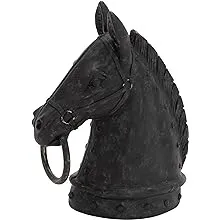 Deco 79 Polystone Horse Decorative Sculpture Antique Style Head Home Decor Statue with Hitching Post and Gold Accents, Accent Figurine 9" x 6" x 12", Black