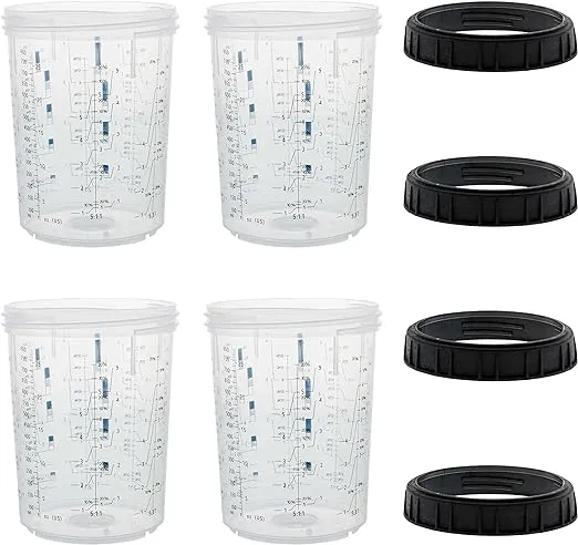 Master Paint System MPS, 4 Pack Set of Mini Size 6 Ounce (180ml) Hard Cups and Retainer Rings - 4 Hard Cups and 4 Rings for Use with The MPS Disposable Paint Spray Gun Cup Liners and Lid System