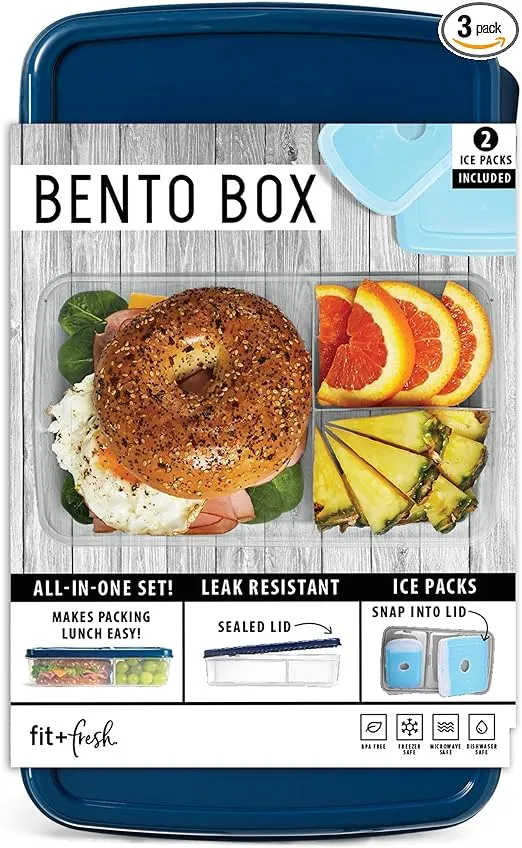 Fit & Fresh Bento Box Adult and Kids Lunch Box Container, Includes 2 Slim Clip-in Ice Packs, Reusable, Leak-Resistant, & Stackable Lunch Container for Adults