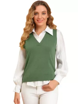 Allegra K Women's Solid Color V Neck Sleeveless Knit Pullover Sweater Vest, Green, Small