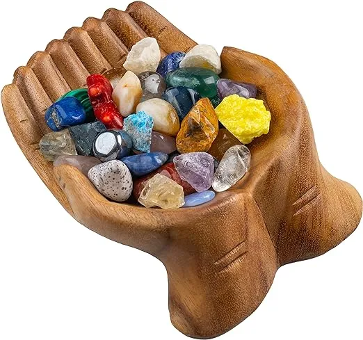 Curawood Carved Hands Offering Bowl - Showcase Your Healing Stones - Crystal Holder for Stones - Key Bowl - Crystal Storage Tray - Decorative Hand Bowl for Rock Display - Crystal Shelf Display Stand