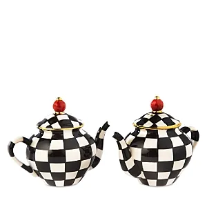 MACKENZIE-CHILDS Teapot Salt and Pepper Set, Black-and-White Ceramic Shakers. Courtly Check