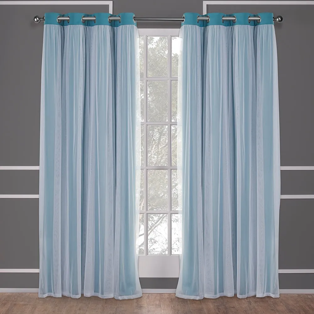 Exclusive Home Catarina Layered Solid Room Darkening Blackout and Sheer Grommet Top Curtain Panel Pair, 52"x84", Turquoise