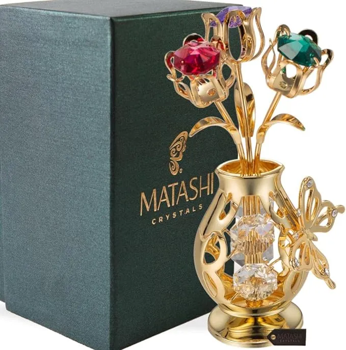 24k Gold Plated Flowers Bouquet &amp; Vase w/ Colorful Matashi Crystals,Butte<wbr/>rfly