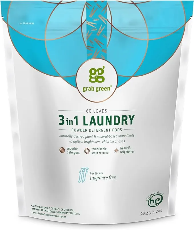 Grab Green 3-in-1 Laundry Detergent Pods, 60 Count, Lavender Vanilla Scent, Plant and Mineral Based, Superior Cleaning Power, Stain Remover, Brightens Clothes