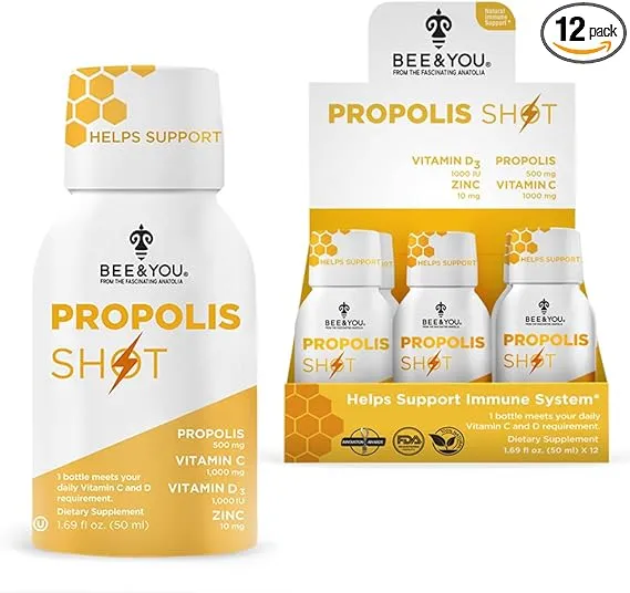 BEE and You Immune Support 100% Natural Propolis Shot Supplement, Antioxidants, Vitamin C, VIT D3, Zinc, Orange Juice, Raw Honey, 1.69 fl. oz x 12 Bottles