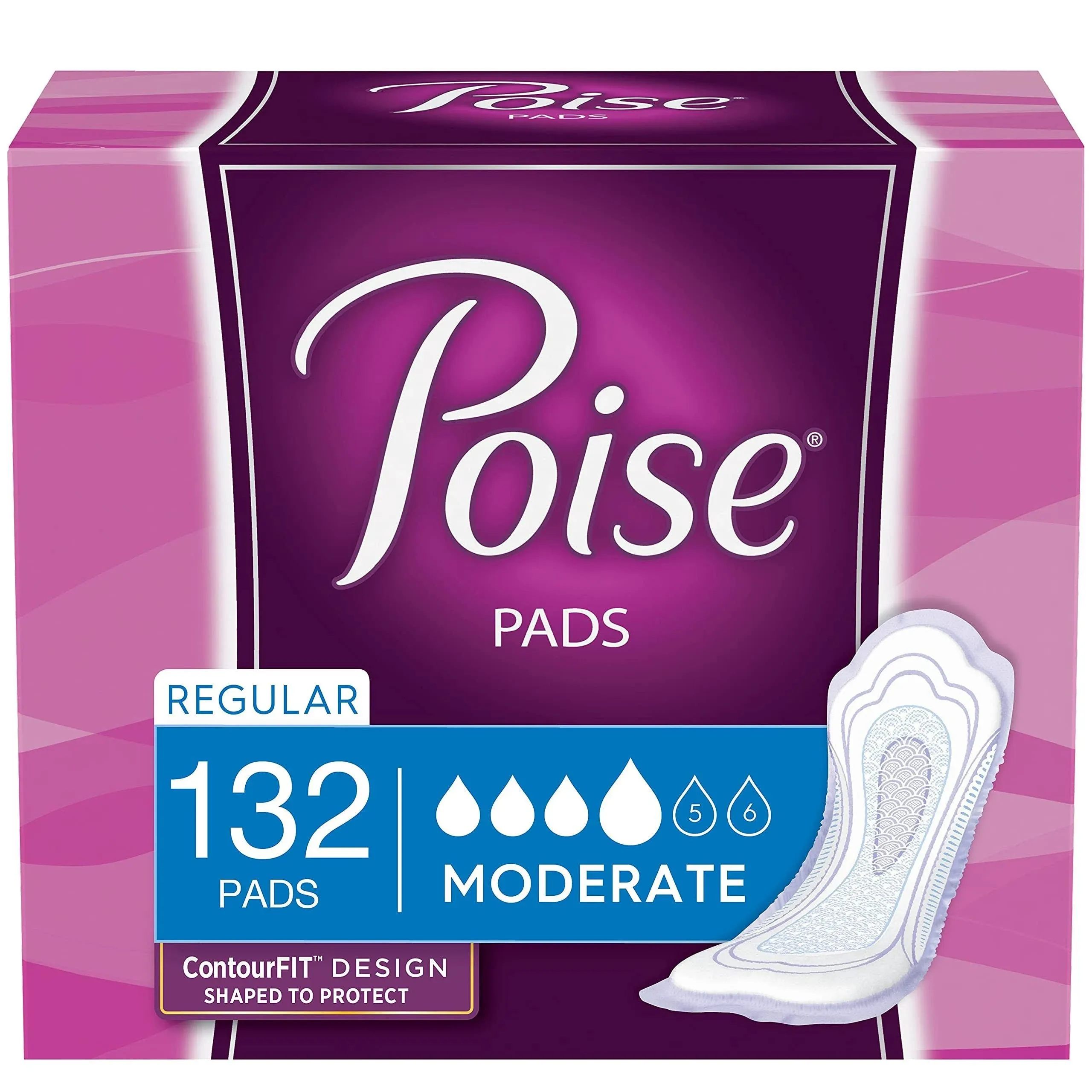 Poise Incontinence Pads, Moderate Absorbency, Regular, 132 Count