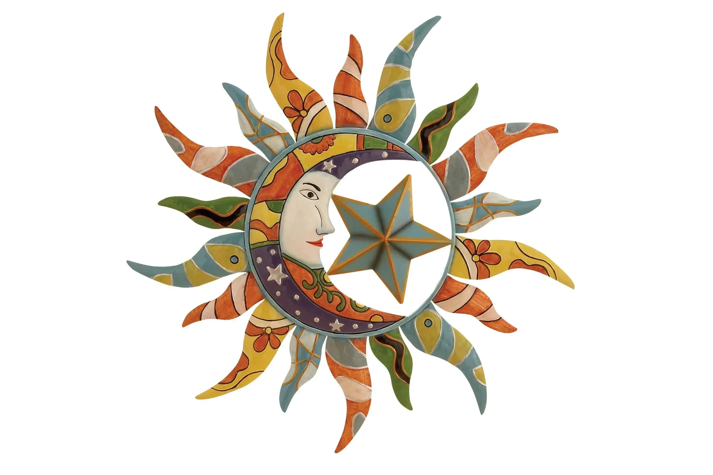 Metal Multi Colored Indoor Outdoor Sun and Moon Wall Decor with Abstract Patterns