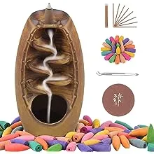 SPACEKEEPER Ceramic Backflow Incense Holder Incense Burner Waterfall, with 120 Backflow Incense Cones & 30 Incense Stick, Aromatherapy Ornament Home Decor, BrownSPACEKEEPER Ceramic Backflow Incense Holder Incense Burner Waterfall, with 120 Backflow Incen