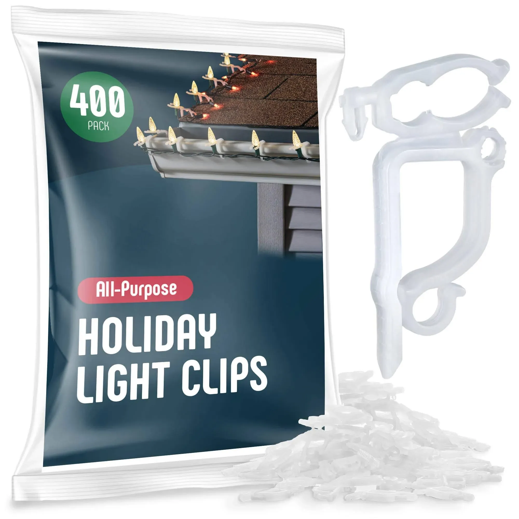 SEWANTA All-Purpose Holiday Light Clips [Set of 400] Christmas Light Clips, Outdoor Light Clips - Mount to Shingles & Gutters - Works Wi