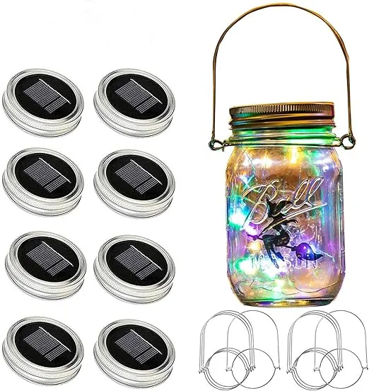 YJFWAL Updated Solar Mason lid Light, 8 Pack 30Led Waterproof Fairy Firefly, Including 8 Hangers and 2 PCS Fairy Decor (Jars Not Included), Best for Courtyard Garden,Wedding(Multi Color)