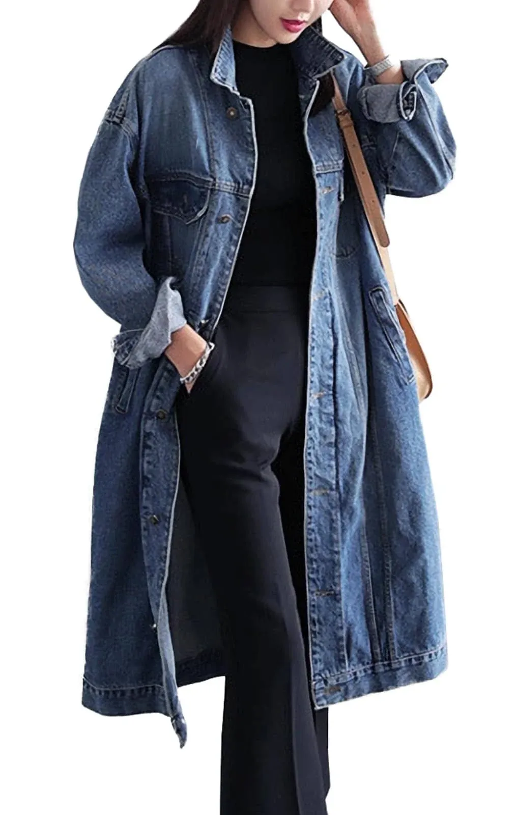 Jofemuho Womens Classic Long Jean Jacket Plus Size Loose Long Sleeve Button Down Denim Jacket Trench Coat