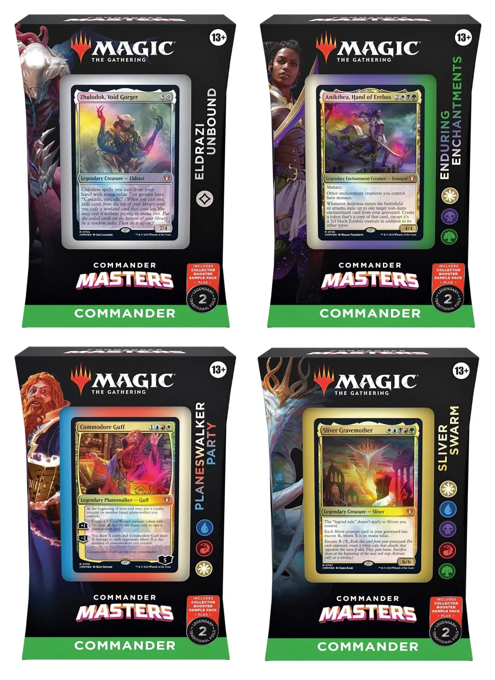 Magic: The Gathering Commander Masters Commander Deck Bundle – Includes All 4 Decks (1 Eldrazi Unbound, 1 Enduring Enchantments, 1 Planeswalker Party, and 1 Sliver Swarm)