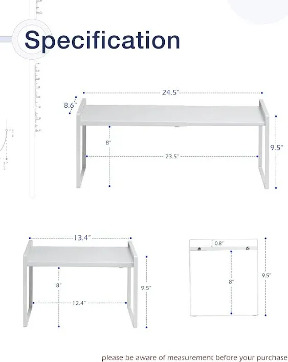 Nxconsu Expandable Cabinet Shelf Organizer Riser for Kitchen Pantry Cupboard Under Sink Countertop Home Storage Organization Rack Space Saver Freestanding Heavy Duty Nonslip Stackable White
