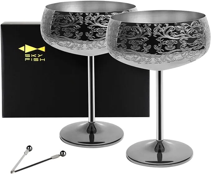 Sky Fish 14 oz Etching Martini Cocktail Glasses,Black Plated Stainless Steel Set Of 2 With 2 Cocktail Picks