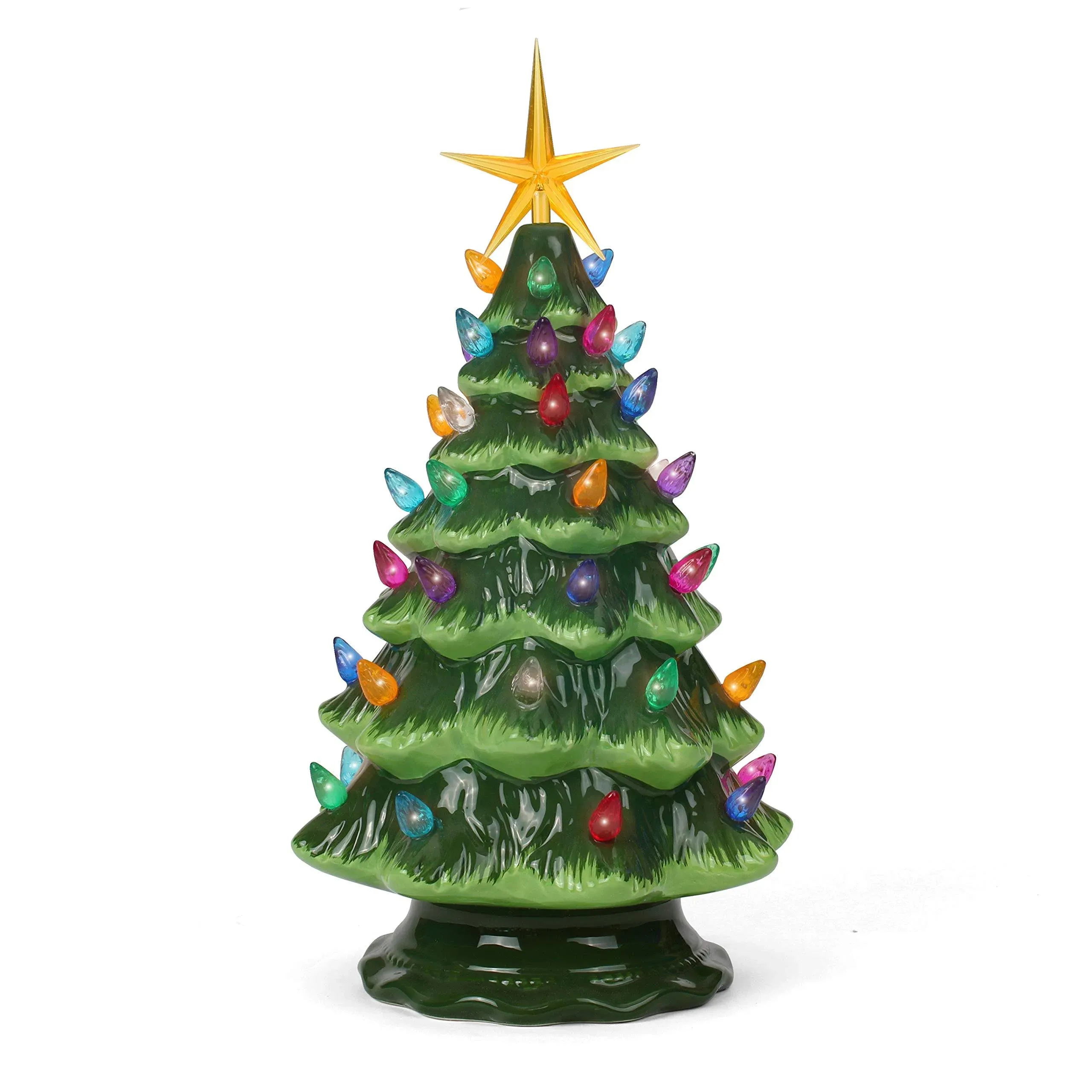 Milltown Merchants Ceramic Christmas Tree - Tabletop Christmas Tree with Lights - (11.5" Medium Green Christmas Tree/Multicolored Lights) - Lighted