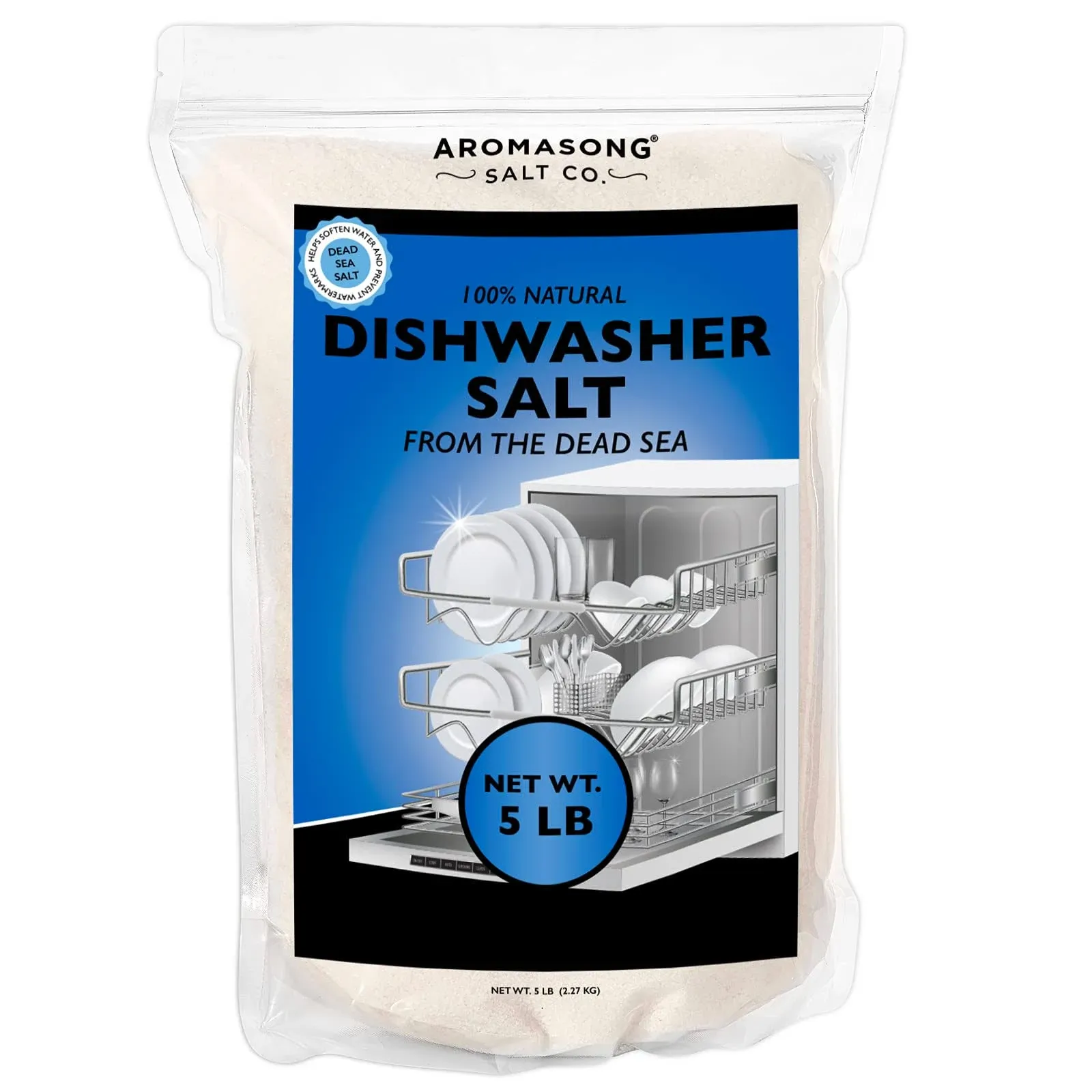 Aromasong Dishwasher Salt 5 LB - 100% Natural Water Softening Agent for Cleaner Dishes & Washer Reactivation - Compatible with Bosch, Miele, Whirlpool, Thermador, and more.