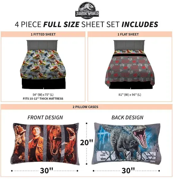 New Jurassic World Bedding Super Soft Full Size 4 Piece Sheet Set for Kids