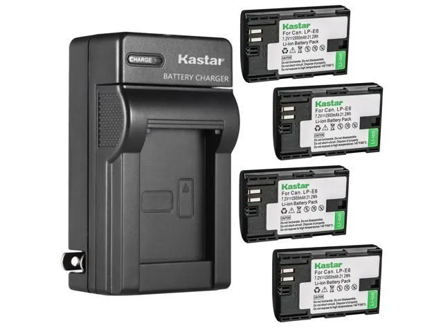 Kastar 4-Pack LP-E6 Battery and AC Wall Charger Replacement for Canon LP-E6, LP-E6N, LP-E6NH, LP-E6NPro Battery, Canon BG-E6, BG-E9, BG-E11, BG-E13, BG-E14, BG-E16, BG-E20, BG-E21, BG-E22 Battery Grip