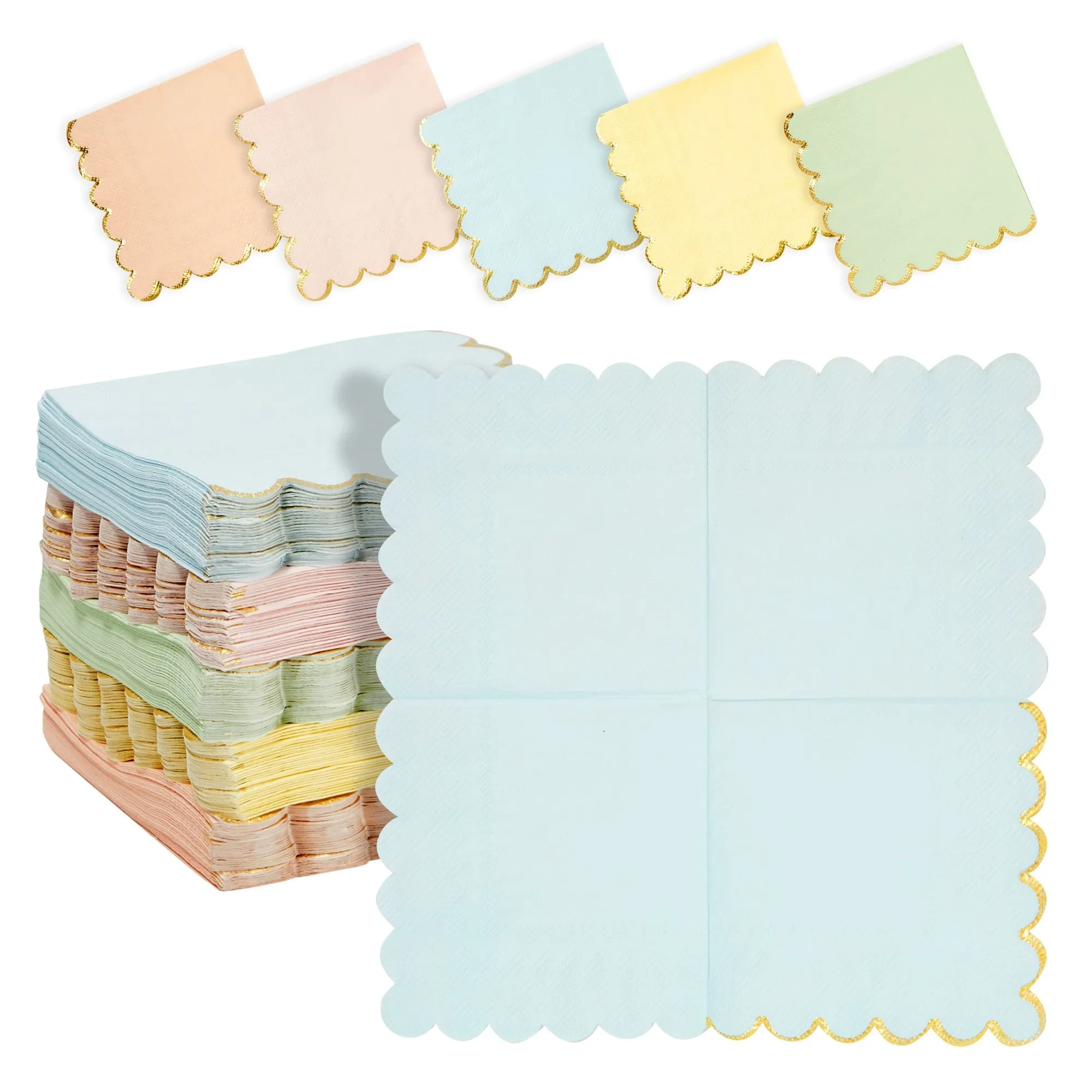 Scalloped Rainbow Napkins with Gold Foil, Unicorn Party Decorations, 5 Pastel Colors (5 In, 150 Pack)