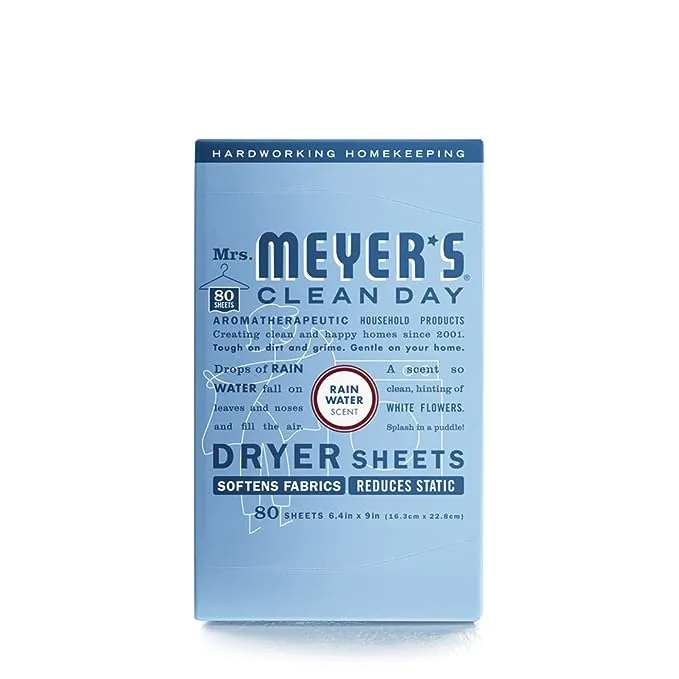 MRS. MEYER’S CLEANDAY Dryer Sheets, Fabric Softener, Reduces Static, Cruelty Free Formula Infused with Essential Oils, Rain Water Scent, 80 Count