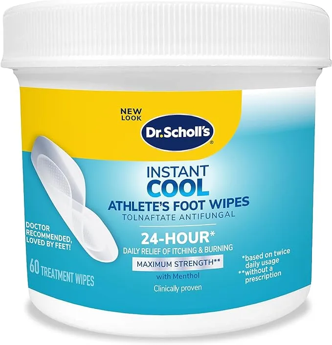 Dr. Scholl's INSTANT COOL ATHLETE'S FOOT TREATMENT WIPES, 60 ct // Clinically Proven, Maximum Strength Antifungal, Cures & Prevents Most Athlete's Foot, 24-Hour Daily Relief of Itching & Burning