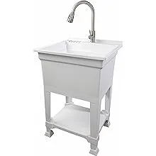 UTILITYSINKS 999-7000 Plastic 24" Compact Workshop Freestanding Laundry Sink with Faucet, White