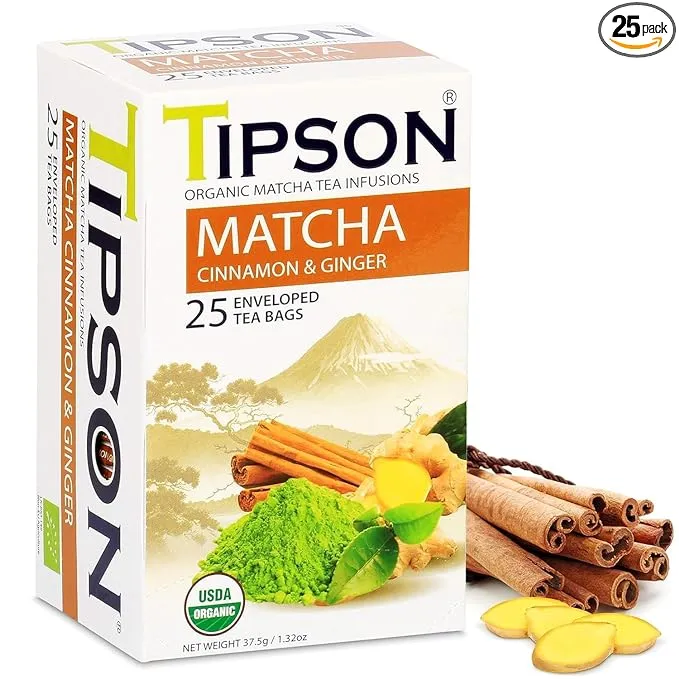 TIPSON Matcha Cinnamon &amp; Ginnger Tea Natural Organic Infusions 25 Envelops Bags!