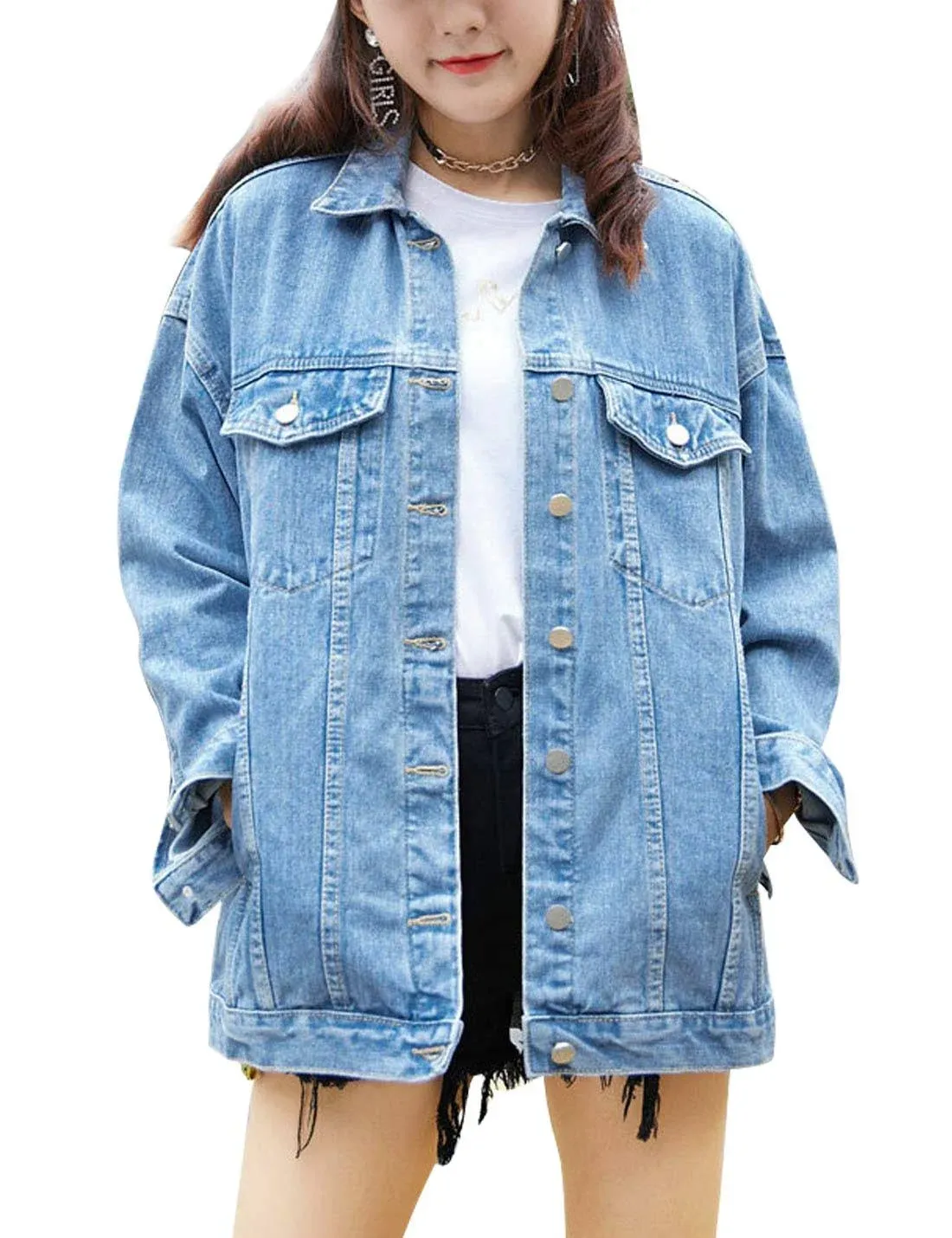 Omoone Women's Oversized Mid Long Denim Jacket Jean Biker Coat