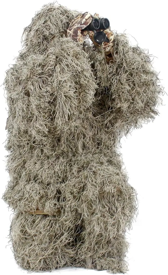 AUSCAMOTEK Ghillie Suit for Men Gilly Suit for Hunting Halloween Costume Airsoft Paintball Hood Rifle Wrap Included- Small Size Dry Grass