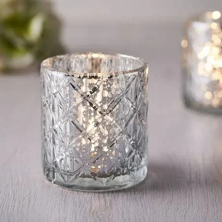 6 Pack | Antique Mercury Glass Candle Holders, Votive Tealight Holders, Candle Holder For Wedding Centerpieces - Silver | Geometric Design