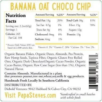 Papa Steve's No Junk Raw Protein Bars, Banana Oat Dark Chocolate, 2.2 oz, 10