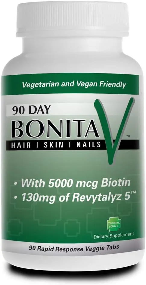 Essential Source Bonita V Vegan Hair Nails and Skin Vitamins for Women - 20 Active Ingredients Including Biotin, Revytalyz 5 - Stronger Nails, Healthy Skin, Hair Growth Vitamins - 90 Veggie TabletsEssential Source Bonita V Vegan Hair Nails and Skin Vitam