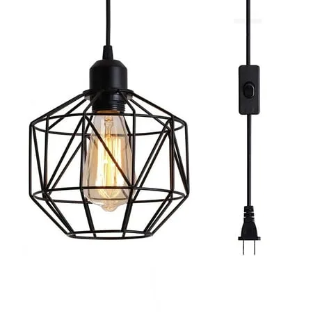 Industrial Plug in Pendant Light, Black Cage Pendant Light Fixture with On/Off Switch, E26 Socket Vintage Hanging Light, Farmhouse Pendant Lighting for Kitchen Living Room Dining Room