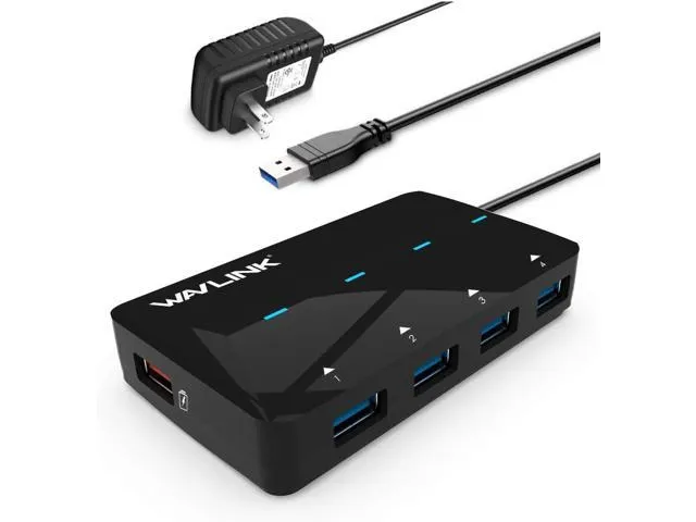 USB Powered Charging Hub, Wavlink USB Hub with 4 USB 3.0 Data Ports and 1 USB Smart Charging Port up to 2.4A, 12V/2A Power Adapter, USB Splitter.