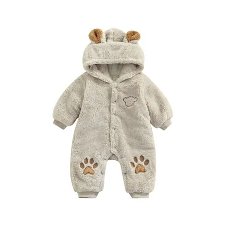 Kiapeise Baby Boy Girl Fluffy Fleece Hooded Jumpsuit Long Sleeve Onesie Romper Warm Winter Outfits