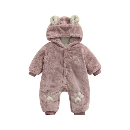 Kiapeise Baby Boy Girl Fluffy Fleece Hooded Jumpsuit Long Sleeve Onesie Romper Warm Winter Outfits