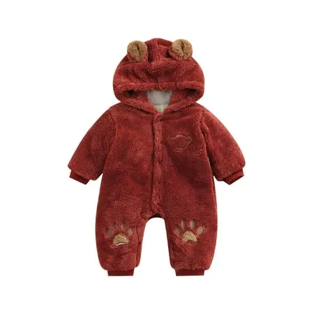 Kiapeise Baby Boy Girl Fluffy Fleece Hooded Jumpsuit Long Sleeve Onesie Romper Warm Winter Outfits