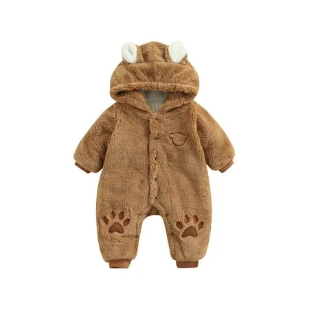 Kiapeise Baby Boy Girl Fluffy Fleece Hooded Jumpsuit Long Sleeve Onesie Romper Warm Winter Outfits