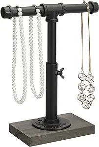 MyGift Industrial Pipe T Bar Adjustable Height Jewelry Stand with Gray Wood Base